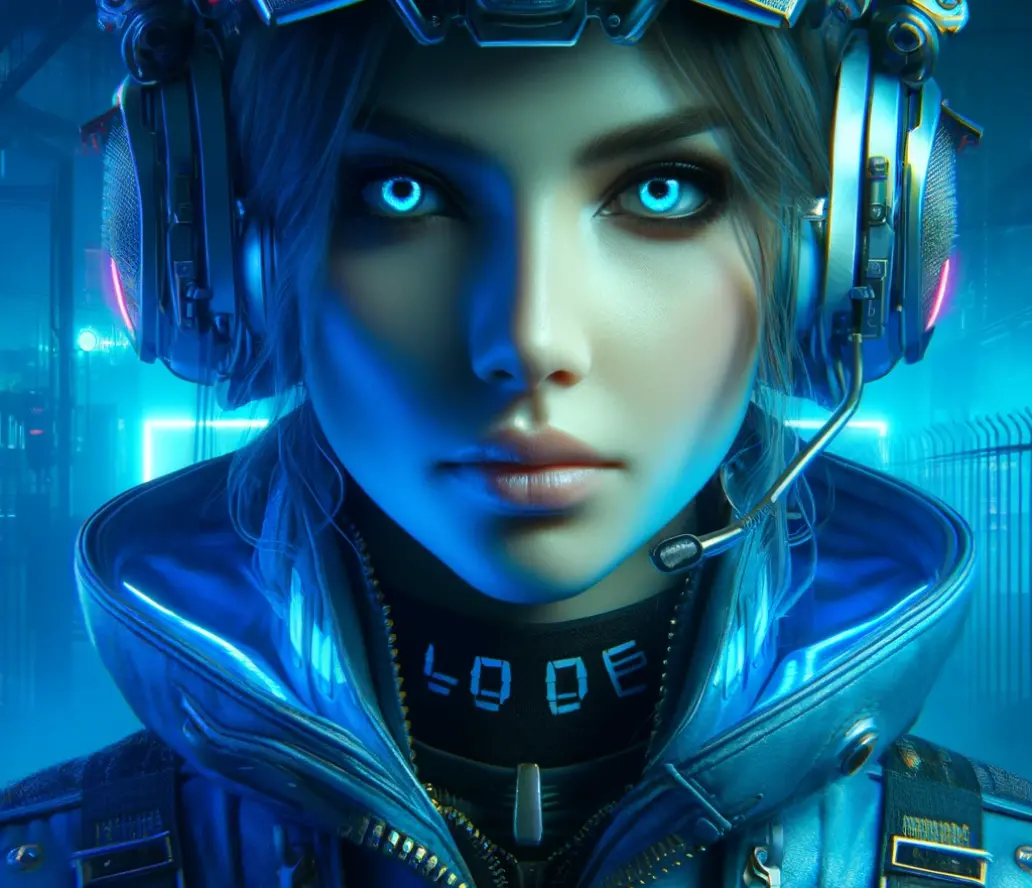 DALL·E 2024-06-10 19.36.56 - A highly detailed and realistic cyberpunk portrait of a woman wearing futuristic headphones and a helmet. The image should have a predominantly blue c